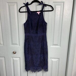 Lilly Pulitzer Kayleigh Bows Scalloped Lace Navy Blue Shift Dress Size 00